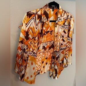 Escada Abstract Print Silk Blend Blouse Tie Sleeve Orange Brown